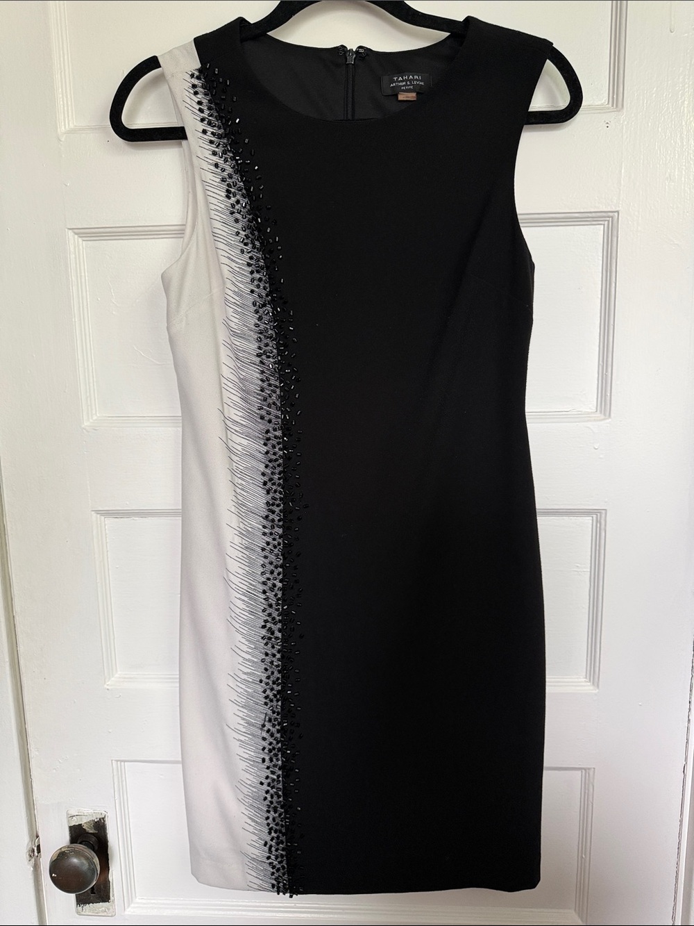 Tahari ASL Black and White Beaded Sheath Dress